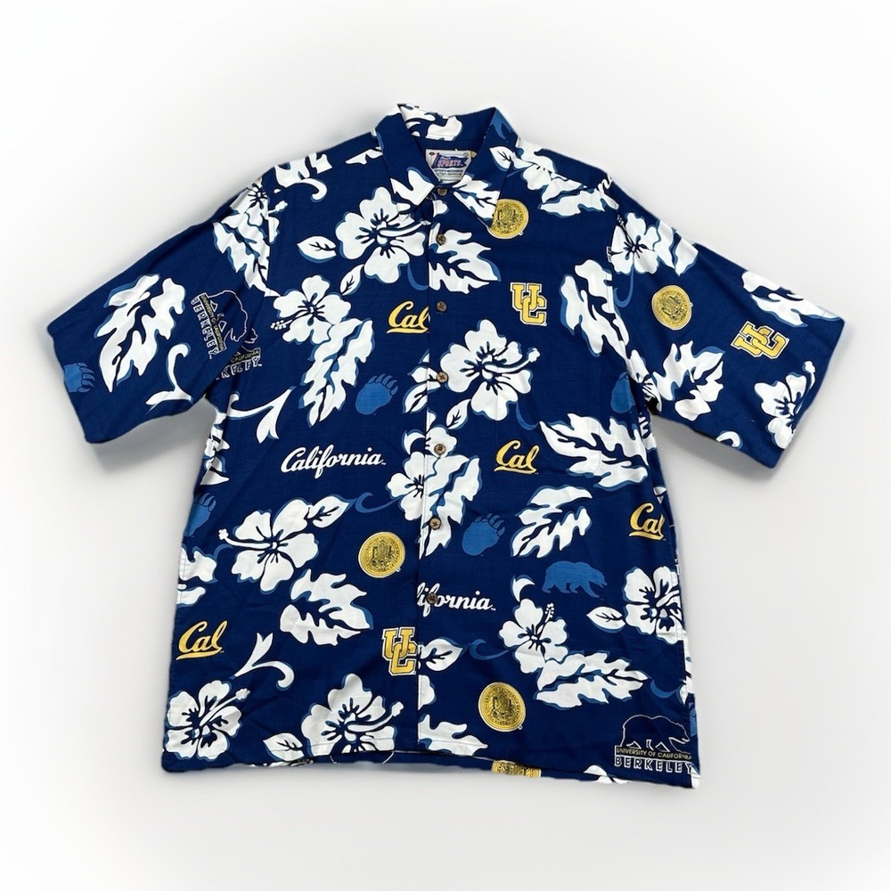 Reyn Spooner Sports Medium UC Berkeley Hawaiian Shirt 100% Rayon Floral Blue